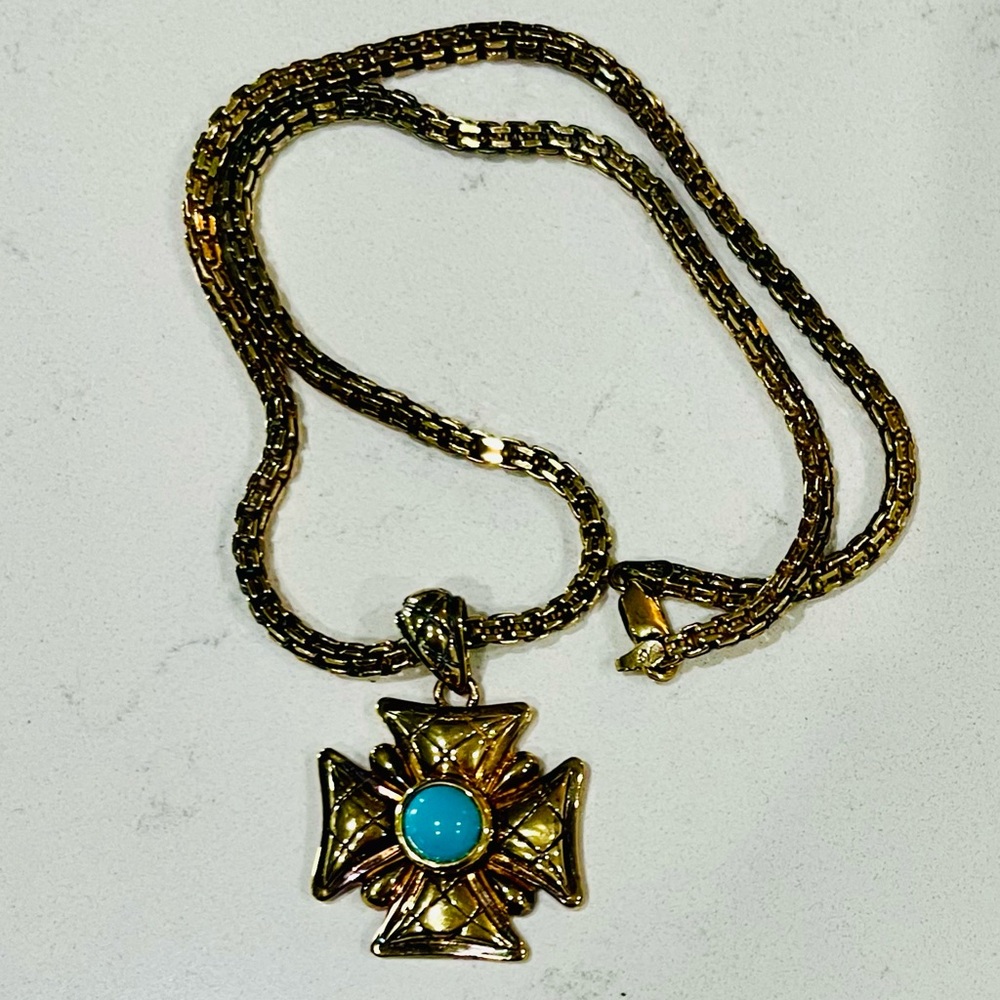 Vintage Italian 925 Vermeil Cross Necklace w/ Turquoise Cabochon, 35 g